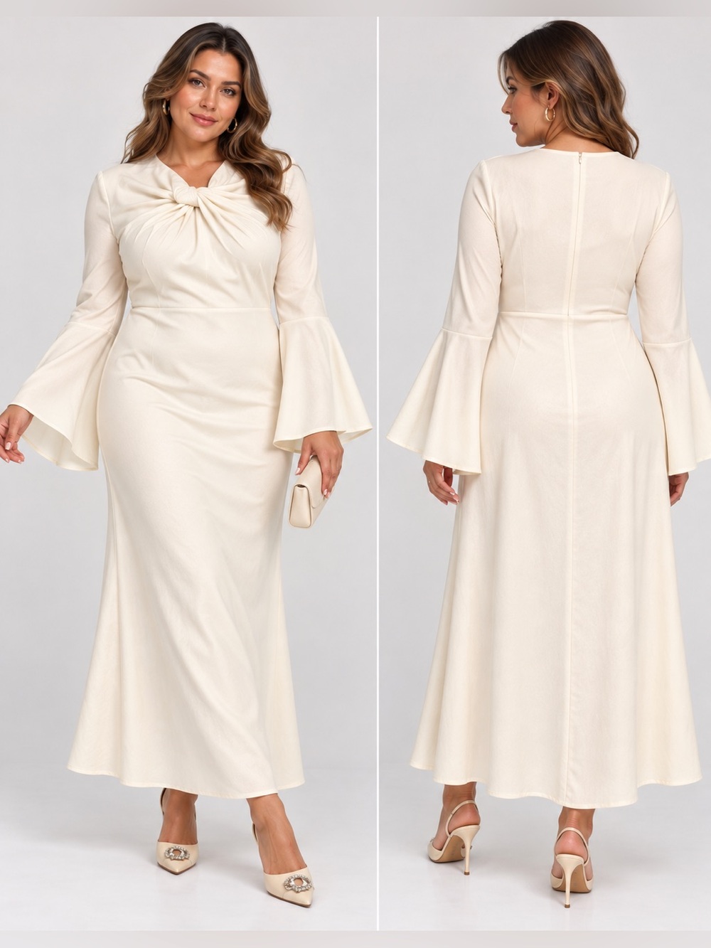 Women's Cream Long- Bell Sleeve Midi Dress